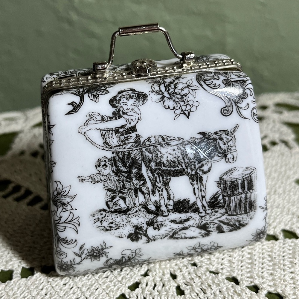 Toile Porcelain Trinket Box Suitcase Shape with Farm Scene, Limoges-Inspired